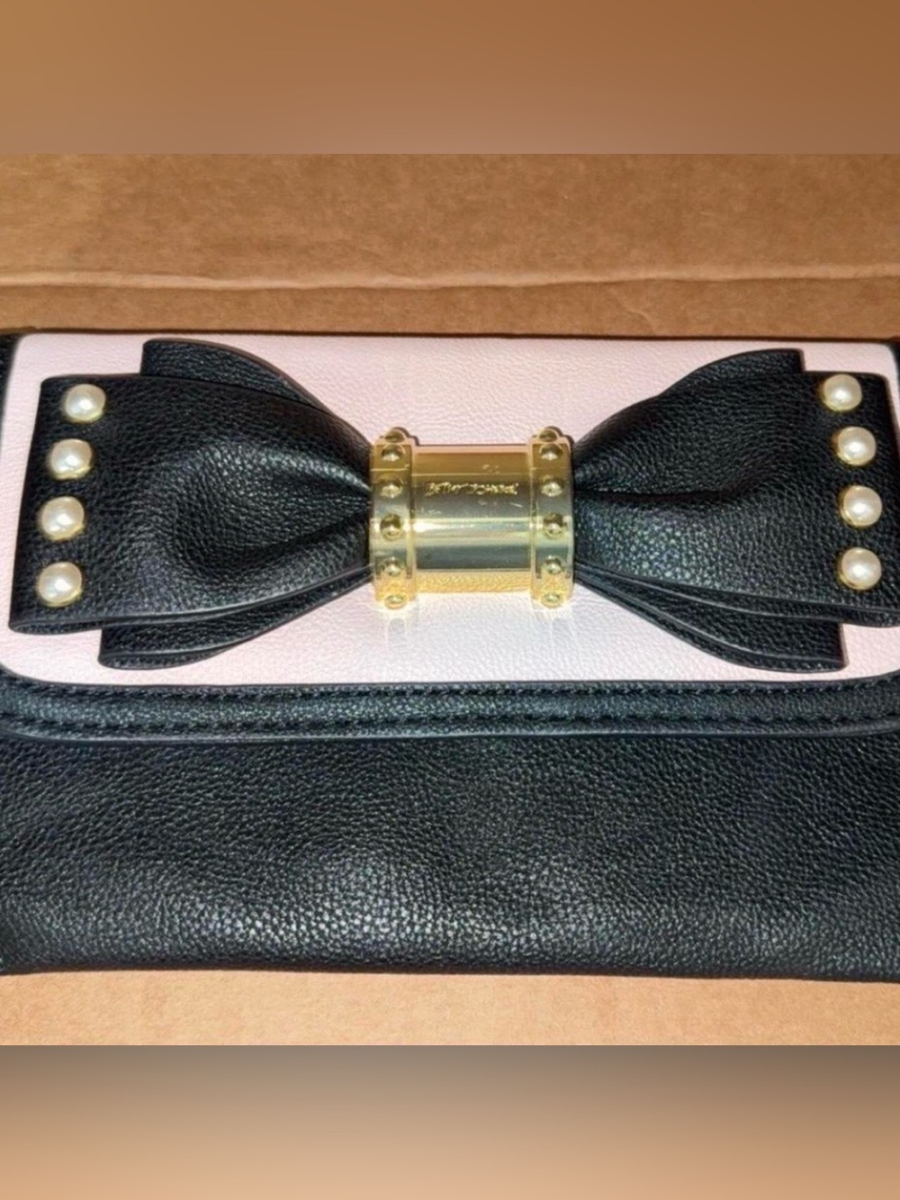 Betsey Johnson Black and Pink Bow Clutch with Gold Hardware